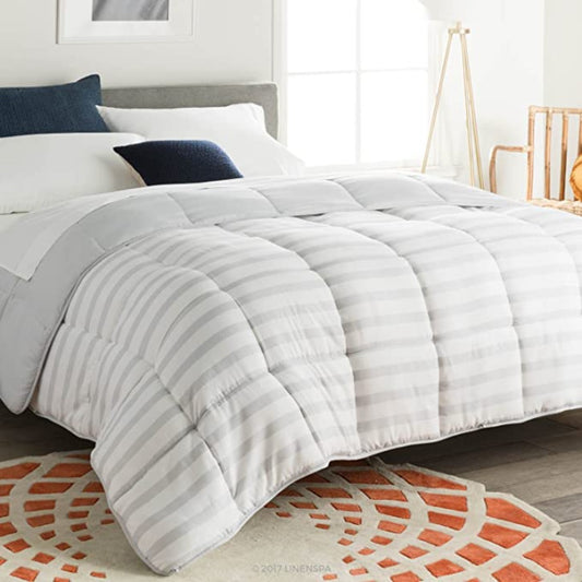 All Season Hypoallergenic Microfiber Comforter - Linenspa - Grey/White Stripe, Twin XL